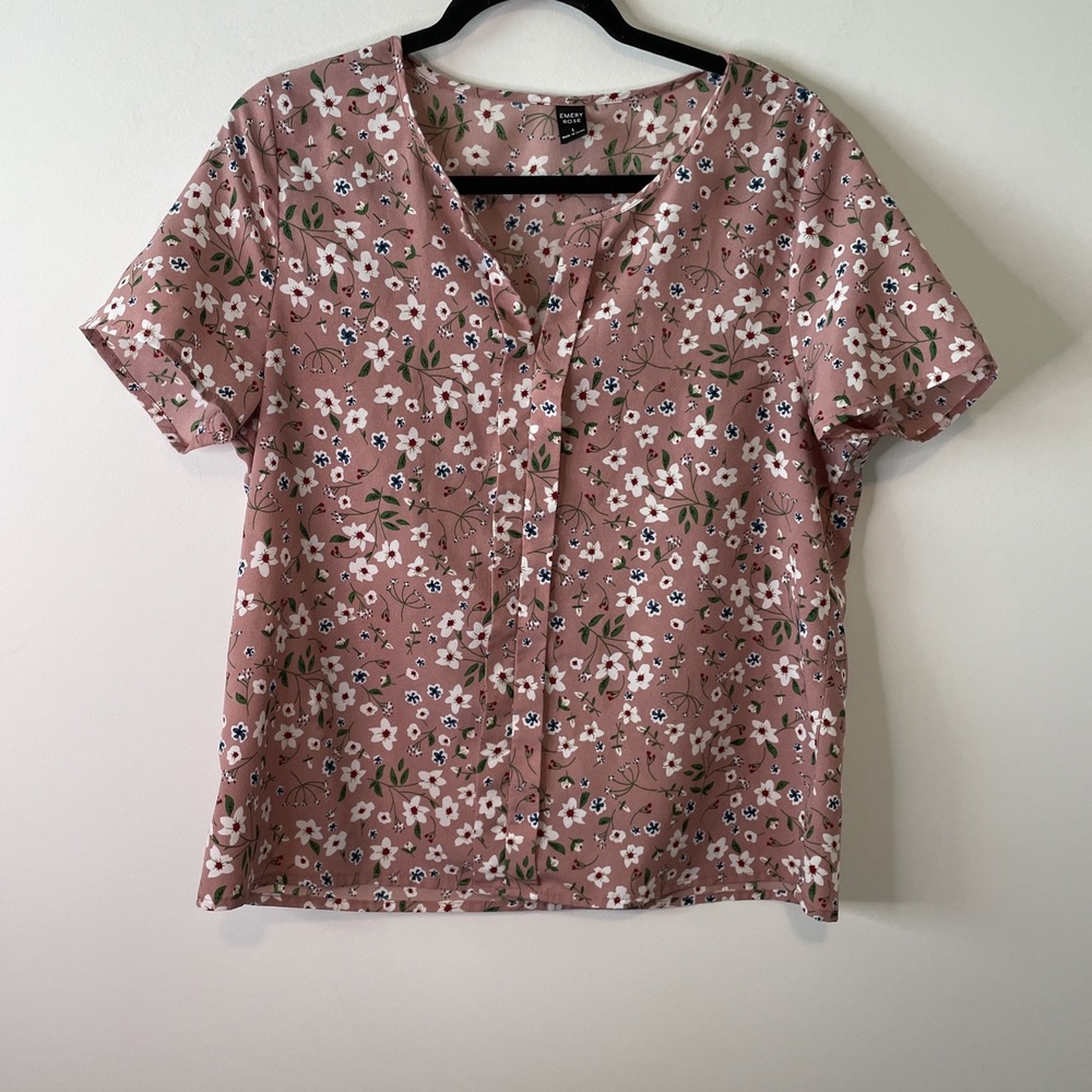 Emery Rose Blouse Women L Pink Floral Short Sleeve Cottagecore Top